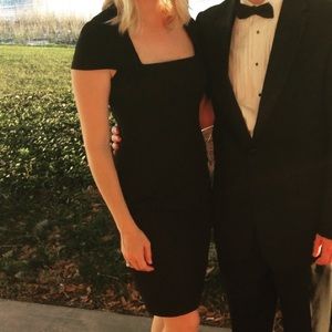 Square neck structured black dress